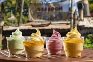 Four cups of vibrant soft serve ice cream on a wooden table at Disney’s Typhoon Lagoon, surrounded by lush greenery, perfectly embodying the playful atmosphere and excitement of this iconic water park.