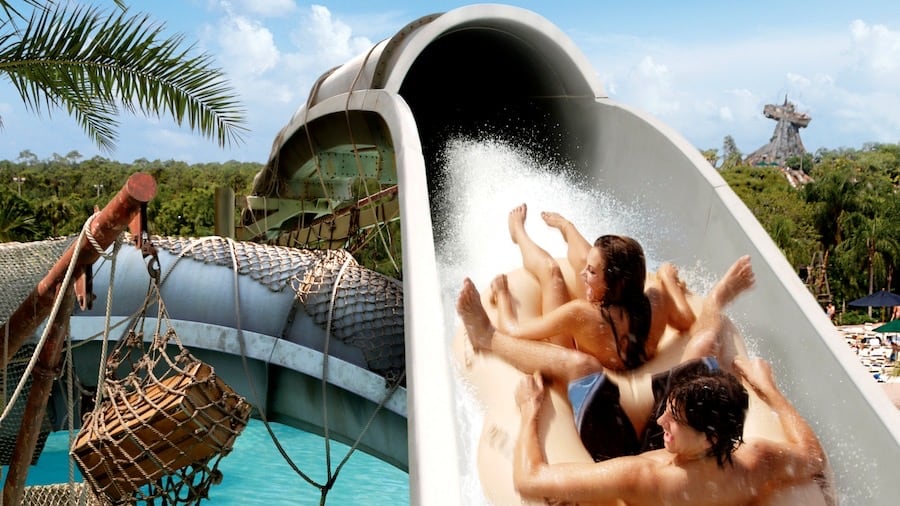 Guests enjoy an exhilarating ride together down a twisting water slide at Disney’s Typhoon Lagoon, making a splash through lush tropical surroundings and bright blue sky in the heart of this iconic water park adventure.