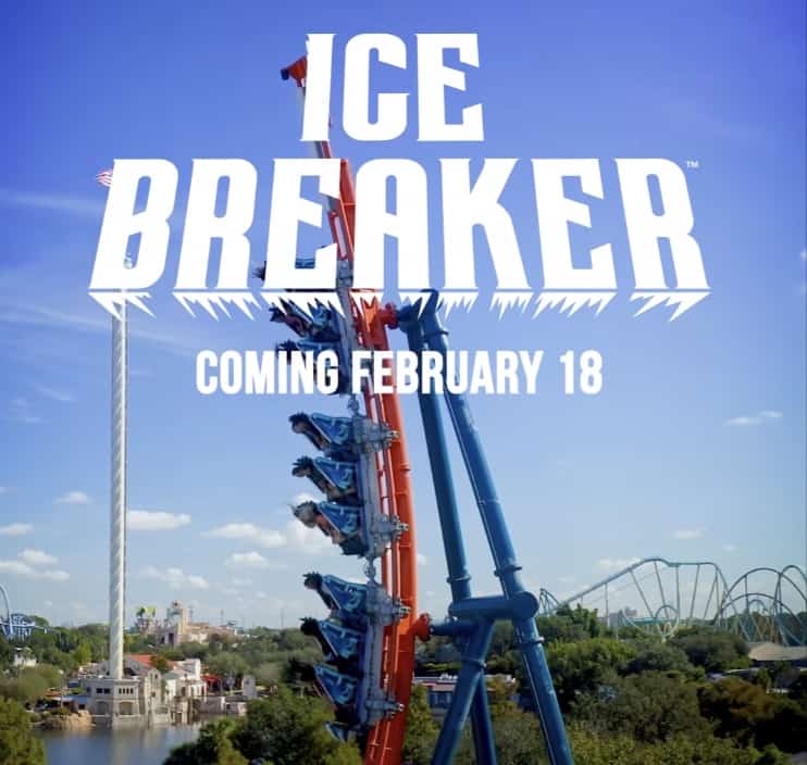 Thrill-seekers soar upside down on SeaWorld Orlando’s Ice Breaker roller coaster, with bold "Ice Breaker" lettering above to spotlight Central Florida’s latest attraction. "Opening Date: February 18" stands out against the vibrant blue sky, building excitement for the debut.