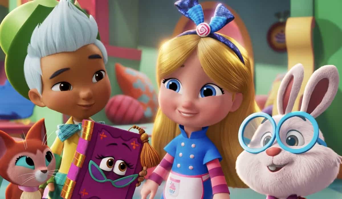 The Wonderland Bakery crew—Alice, Hattie, Dinah the cat, and Fergie the bunny—gather for a cheerful photo op in their vibrant storybook kitchen, straight from Alice’s Wonderland Bakery.