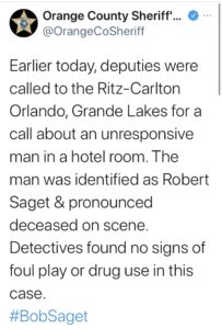 Tweet from the Orange County Sheriff: Beloved entertainer Bob Saget, known for his performances on stage and screen, was found deceased in his Orlando hotel room. Authorities report no evidence of foul play or substance involvement.