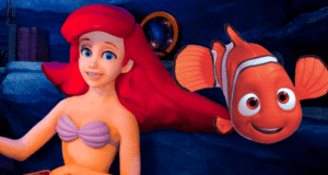Ariel swimming beneath the waves with Nemo by her side, both brought to life in a vibrant undersea scene inspired by The Little Mermaid at Disney California Adventure.