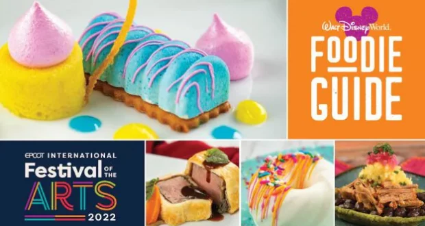 A vibrant array of sweet treats and savory bites from the EPCOT International Festival of the Arts 2022 Foodie Guide, showcasing fan-favorite selections from inventive Food Studios and their creatively themed menus at Walt Disney World Resort.