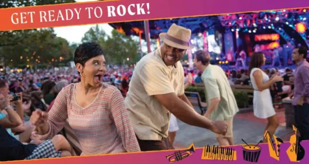 Guests dance and celebrate at the high-energy Garden Rocks concert series, enjoying performances by acclaimed artists on stage as vibrant lights shine over the Epcot crowd, creating a festive atmosphere for music lovers.