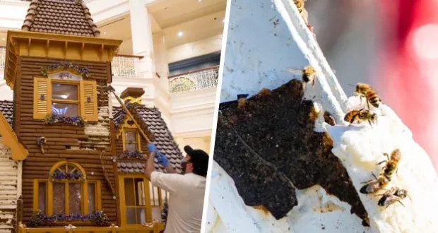 Guests marvel at a grand gingerbread house that radiates Disney holiday enchantment, while bees cluster on a nearby white, crumbly treat.