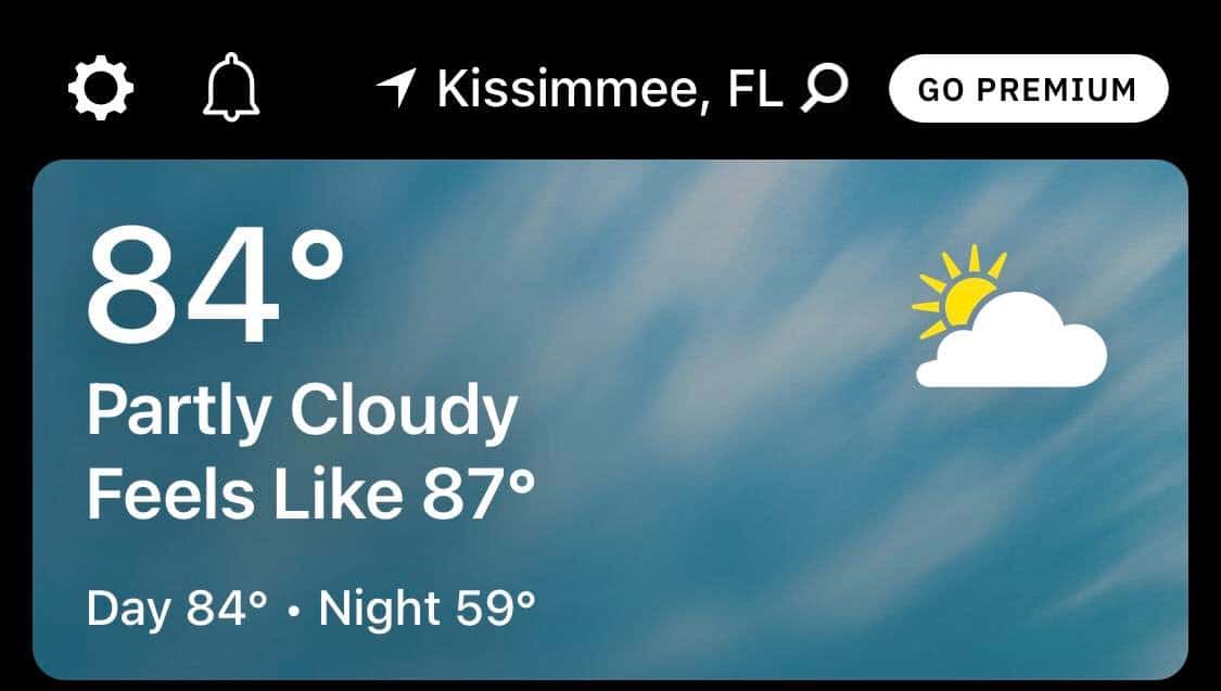 Headed to Disney World in Kissimmee? Don’t be fooled by Florida’s unpredictable weather! The app shows 84°F, feels like 87°F, and partly cloudy skies with a partly sunny icon—so get ready for sun and clouds as you plan your next magical adventure.