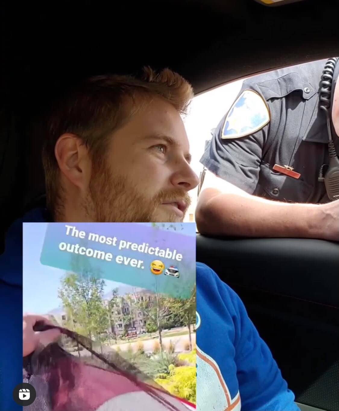 A driver chats with a police officer through the car window, while bold overlay text jokes, "The most predictable outcome ever—it's almost like watching Lightning McQueen get pulled over at Radiator Springs Racers in Disney California Adventure.
