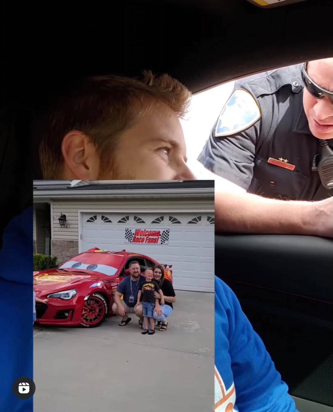 A police officer interacts with a guest in their car, while an inset highlights a family posing beside their vehicle transformed into Lightning McQueen from Disney-Pixar’s Cars, capturing the playful scene of Lightning McQueen being humorously “pulled over” at a themed event.