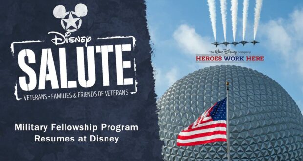 Disney Salute banner displayed in front of Epcot’s iconic geodesic dome, with the American flag waving and jets soaring above, alongside a bold “Heroes Work Here” message—celebrating Disney’s commitment to supporting military members transitioning to new careers through their fellowship program.