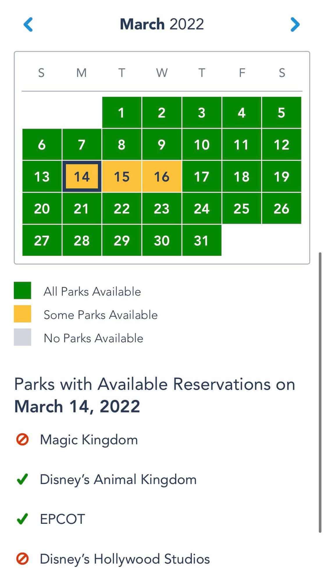 March 2022 booking calendar shows Spring Break crowds quickly filling Walt Disney World reservations—on March 14, EPCOT is the only park with availability, while Magic Kingdom, Hollywood Studios, and Animal Kingdom are fully booked.