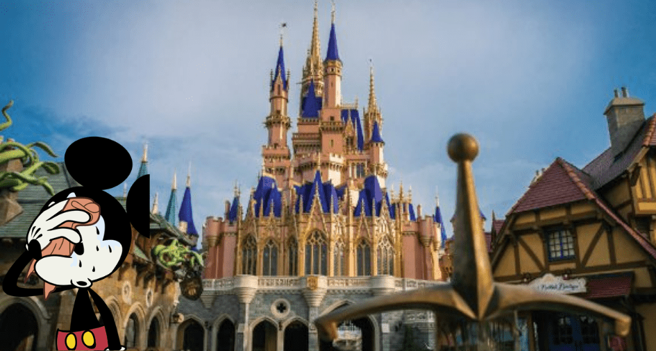 Mickey Mouse facepalms in front of Cinderella Castle’s blue spires at Disney World on a sunny day, reacting to another bout of wild Florida weather.