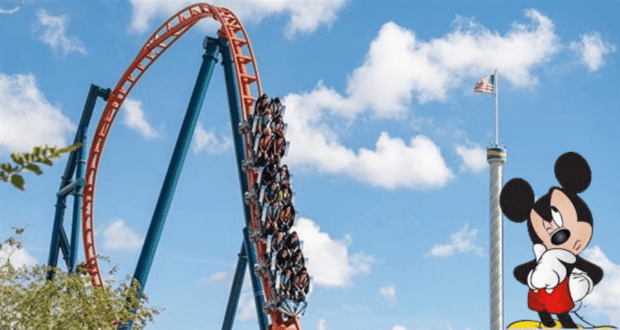 Guests soar through loops on a thrilling Disney World roller coaster, with the iconic Mickey Mouse and a waving American flag set in the backdrop—teasing exciting changes coming soon to this Central Florida favorite. Will you get to experience this ride's next chapter?.
