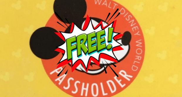 Mickey Mouse passholder logo with "FREE!" bold across it on a vibrant yellow background, hinting at special merchandise offers for Walt Disney World fans.