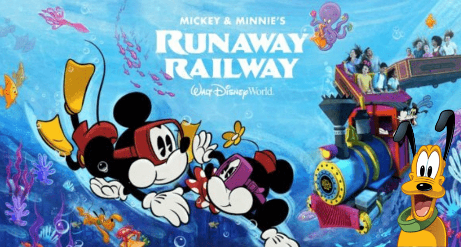 Mickey and Minnie are exploring beneath the waves near a vibrant underwater train, while Pluto beams from the corner—oblivious that a Service Dog has just brought one of Disney’s iconic rides above water to an unexpected stop.