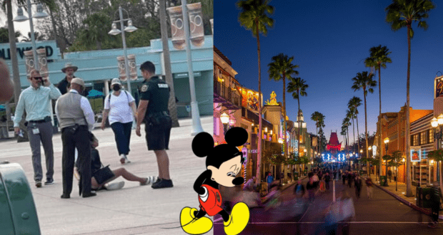 A woman is seen sitting on the ground near Disney security while a crowd of guests looks on, just steps away from Mickey Mouse and the lively, illuminated streets of Disney’s Hollywood Studios at dusk. The incident involving a handcuffed guest grabbed attention from parkgoers, creating a buzz about recent events at Disney.