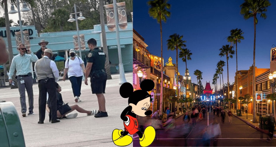A woman is seen sitting on the ground near Disney security while a crowd of guests looks on, just steps away from Mickey Mouse and the lively, illuminated streets of Disney’s Hollywood Studios at dusk. The incident involving a handcuffed guest grabbed attention from parkgoers, creating a buzz about recent events at Disney.