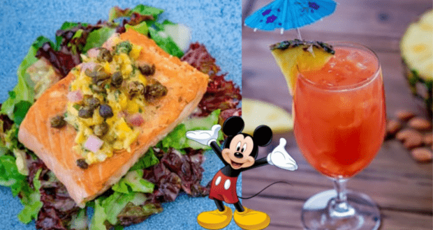 Grilled salmon on a bed of fresh greens, a vibrant tropical drink complete with an umbrella, and Mickey Mouse featured front and center—all highlighting the tasty adventures that await now that the full menus for Disney California Adventure Food & Wine Festival have been unveiled.