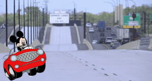 Mickey Mouse cruises down a red car on a clear I-4 Express Lane, waving happily while distant traffic crawls behind him—showing Disney World fans how easy it is to enjoy smooth rides for FREE while others are stuck far away.