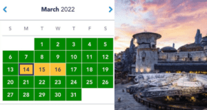 A March 2022 calendar alongside the Millennium Falcon glowing at sunset in Star Wars: Galaxy’s Edge, highlighting the buzz as Spring Break slots fill up fast at Walt Disney World.
