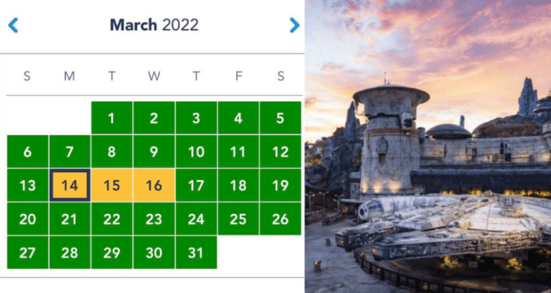 A March 2022 calendar alongside the Millennium Falcon glowing at sunset in Star Wars: Galaxy’s Edge, highlighting the buzz as Spring Break slots fill up fast at Walt Disney World.