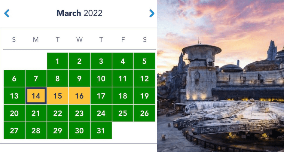 A March 2022 calendar alongside the Millennium Falcon glowing at sunset in Star Wars: Galaxy’s Edge, highlighting the buzz as Spring Break slots fill up fast at Walt Disney World.