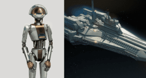 A state-of-the-art Disney droid greets guests on the left, showcasing cutting-edge robotics inspired by attractions like Star Wars: Galaxy’s Edge, while a massive spaceship floats through space on the right, evoking the excitement of Disney’s intergalactic adventures.