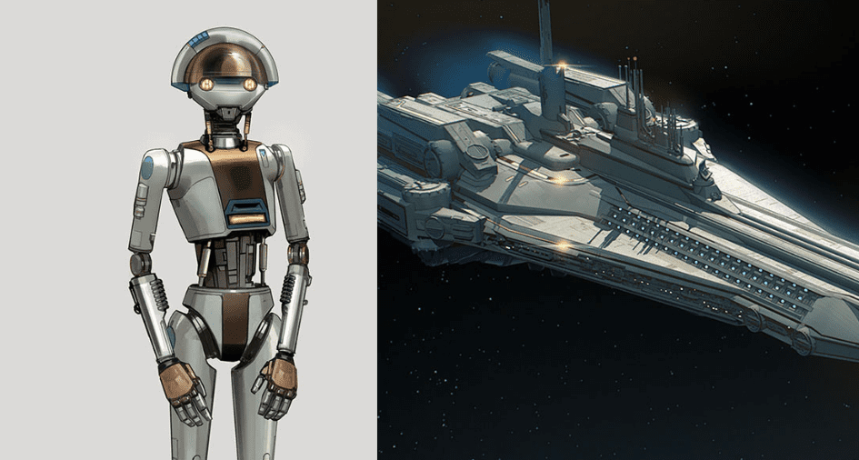 A state-of-the-art Disney droid greets guests on the left, showcasing cutting-edge robotics inspired by attractions like Star Wars: Galaxy’s Edge, while a massive spaceship floats through space on the right, evoking the excitement of Disney’s intergalactic adventures.