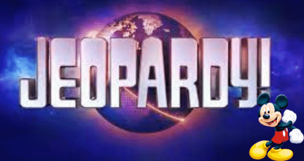 Jeopardy! game show logo featuring Mickey Mouse waving from the bottom right corner, inviting Disney fans to test their knowledge with a magical Final Jeopardy question that could make you feel like a winner at Disney World.