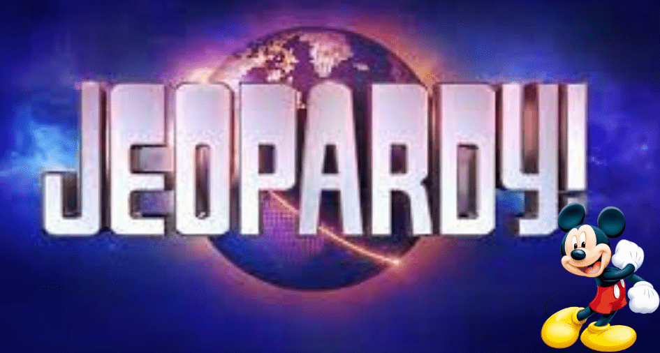 Jeopardy! game show logo featuring Mickey Mouse waving from the bottom right corner, inviting Disney fans to test their knowledge with a magical Final Jeopardy question that could make you feel like a winner at Disney World.