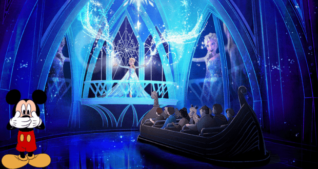 On Frozen Ever After, guests float past Elsa conjuring ice magic as Mickey Mouse looks on, hand over his mouth in disbelief—proof that even Elsa's powers can’t prevent an unexpected breakdown on the ride’s iconic incline at EPCOT.