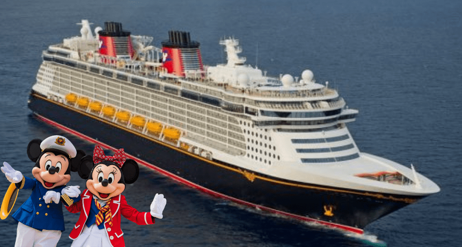 Mickey and Minnie Mouse, dressed in their signature Disney Cruise Line uniforms, greet guests in front of a majestic Disney cruise ship out at sea, highlighting the latest updates to Disney Cruise Line sailings that may impact upcoming vacations.