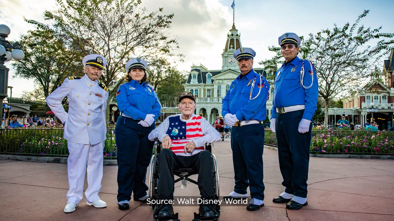 A WWII veteran celebrates his 100th birthday at Walt Disney World, posing in front of a park building surrounded by uniformed officers and loved ones, with the festive Disney atmosphere adding to the special milestone.
