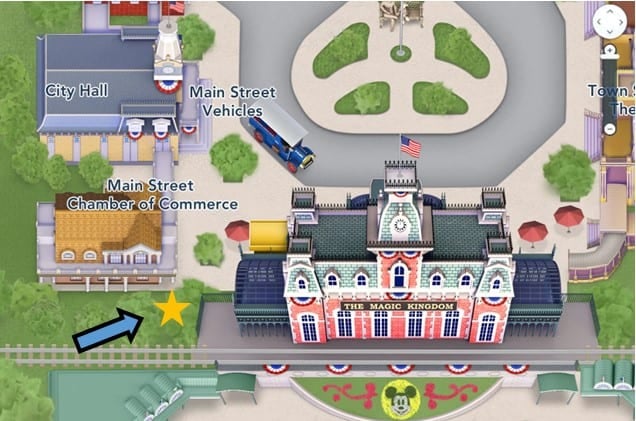 Map highlighting the main entrance to Magic Kingdom, City Hall, and Chamber of Commerce, with a star and arrow indicating a special location beside the Walt Disney World Railroad—revealing where secret Disney character meet-and-greets happen.