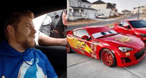 Lightning McQueen, straight from Cars Land, is pulled over by a police officer alongside a parked car, giving fans a fun behind-the-scenes look at Radiator Springs in action.