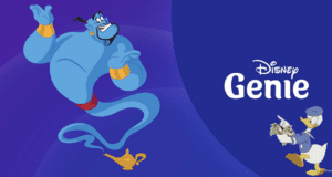 Genie from Aladdin floats above his magic lamp, while Donald Duck holds park maps beside the Disney Genie logo on a vibrant purple background, asking whether Disney Genie+ is delivering big wins for the company.