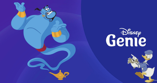 Genie from Aladdin floats above his magic lamp, while Donald Duck holds park maps beside the Disney Genie logo on a vibrant purple background, asking whether Disney Genie+ is delivering big wins for the company.