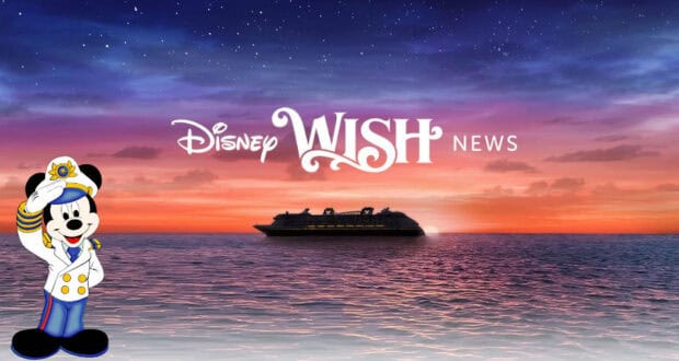 The Disney Wish cruise ship sails into a dazzling sunset as Captain Mickey Mouse waves from the deck. Above, bold text reads, "Newest Disney Ship Hits the Water for the First Time," celebrating a magical milestone for Disney Cruise Line fans.