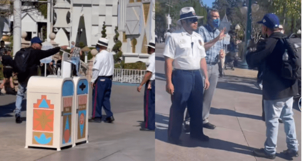 Another heated exchange erupts at Disneyland, as a guest gets into a loud argument with security next to the trash cans on Main Street; later, park security officers and staff step in to address the situation.