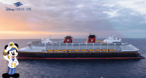 Captain Mickey Mouse waves from the deck of a Disney cruise ship sailing at sunset, inviting fans to experience a week-long escape filled with Disney magic, adventure, and entertainment at sea.