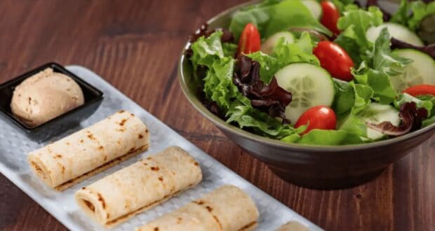A fresh salad with mixed greens, cucumber slices, and cherry tomatoes sits in a bowl, perfect for healthy eating. Next to it, three rolled flatbreads lie on a rectangular plate with a small dish of dipping sauce. It's like dining at Walt Disney World right in your own home!