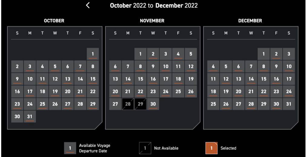 Monthly calendars for October, November, and December 2022 display open, sold out, and chosen dates for Star Wars: Galactic Starcruiser voyages. Eligible guests can secure their adventure by booking early on these exclusive event dates.