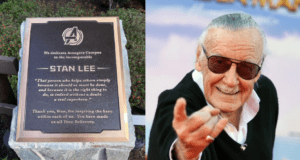 Stan Lee commemorative plaque at Disney California Adventure on the left; on the right, Stan Lee himself, wearing sunglasses, points and smiles while walking the red carpet at the park.