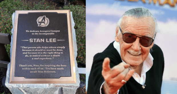 Stan Lee commemorative plaque at Disney California Adventure on the left; on the right, Stan Lee himself, wearing sunglasses, points and smiles while walking the red carpet at the park.