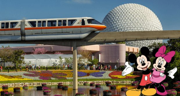 Mickey and Minnie Mouse greet guests at Epcot as the iconic monorail glides by and vibrant flower beds burst with color in the foreground, kicking off the start of the exciting festival today.