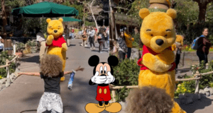 A child excitedly runs toward the beloved Winnie the Pooh characters, while a vibrant Mickey Mouse graphic is prominently displayed in the foreground—serving as a helpful reminder to discuss Disney World’s updated park rules with your children before your visit.
