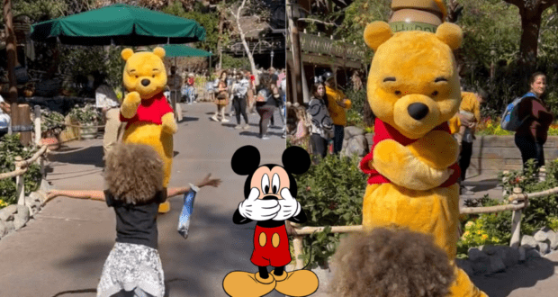 A child excitedly runs toward the beloved Winnie the Pooh characters, while a vibrant Mickey Mouse graphic is prominently displayed in the foreground—serving as a helpful reminder to discuss Disney World’s updated park rules with your children before your visit.