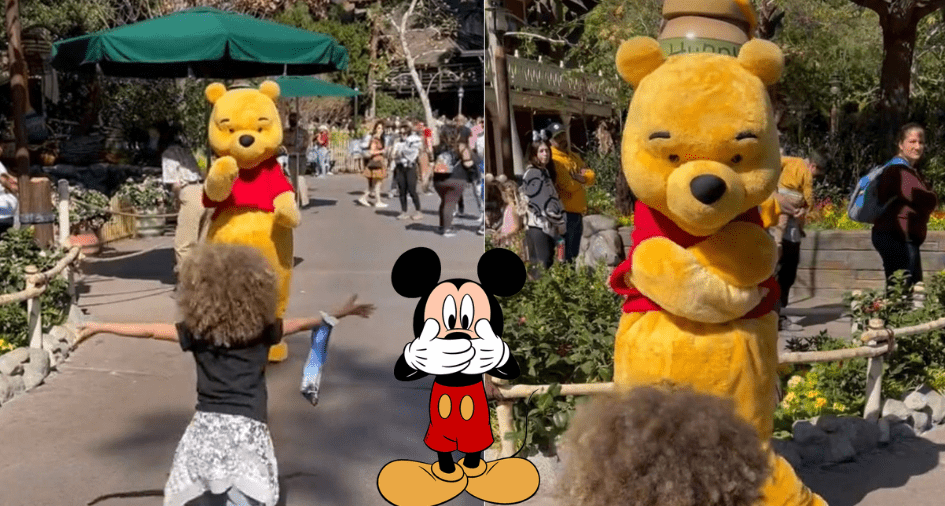 A child excitedly runs toward the beloved Winnie the Pooh characters, while a vibrant Mickey Mouse graphic is prominently displayed in the foreground—serving as a helpful reminder to discuss Disney World’s updated park rules with your children before your visit.