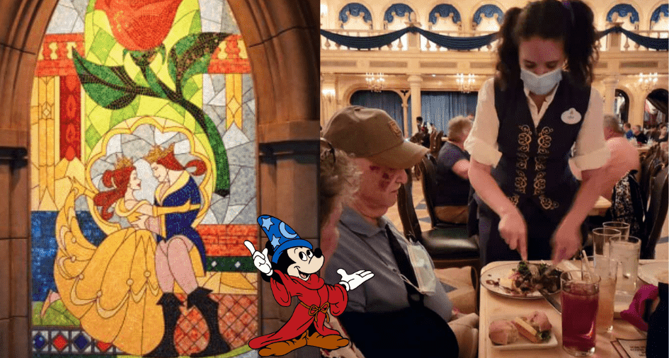 Beauty and the Beast stained glass window glows inside Be Our Guest Restaurant at Magic Kingdom, as Disney Cast Members provide exceptional table service to diners in an enchanting, storybook setting.