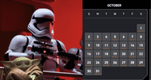 Stormtrooper with blaster, Grogu (Baby Yoda), and an October calendar displayed together to showcase the exclusive pre-booking window for select guests eager to experience Star Wars: Galactic Starcruiser.