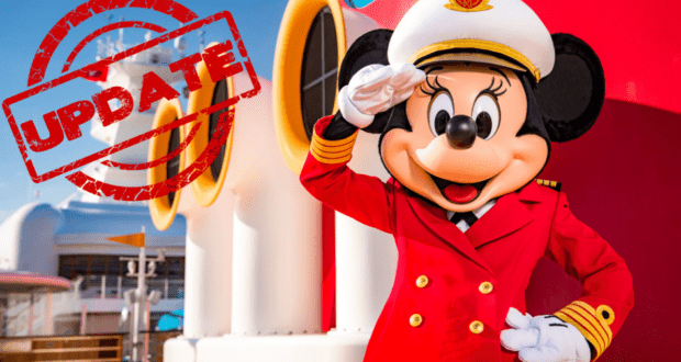 Minnie Mouse stands on the deck of a Disney Cruise Line ship in her captain's uniform, giving a cheerful salute. A bold red "UPDATE" stamp is placed across the image, signaling to fans that a significant policy change is coming soon for Disney Cruise Line guests.